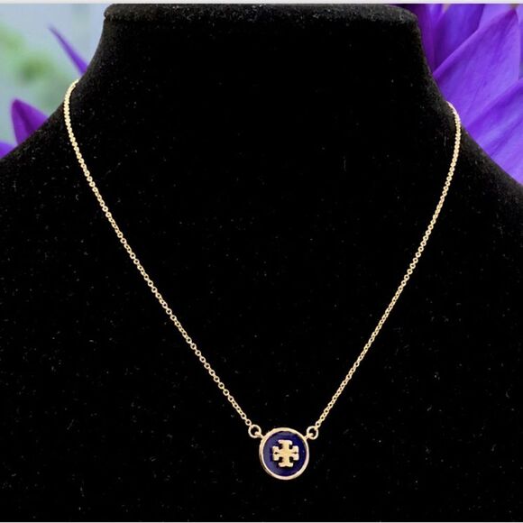 TORY BURCH KIRA ENAMELED MIDNIGHT BLUE PENDANT LOGO GOLD NECKLACE - Picture 2 of 3